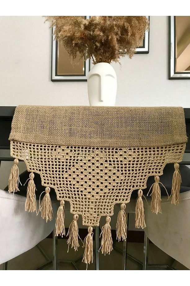 Örgü Motif Püsküllü Jüt Kumaş Runner 40x140 Cm - 3