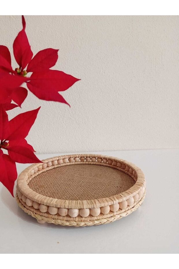 Wooden Tea Coffee Presentation Tray Home Bathroom Kitchen Decoration Natural Raffia Basket Model