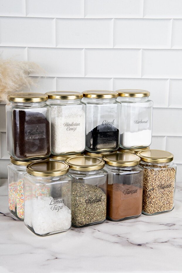 12-Piece Gold Metal Lid Square Glass Jar Storage Set Spice Jar Set with Transparent Label 720 ml