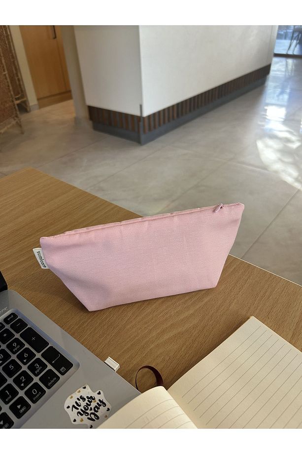Soft Pudra Pembe Yıkanabilir Fermuarlı Tek Gözlü Bez Kalemlik Kalem Kutusu Cüzdan Makyaj Çantası - 5