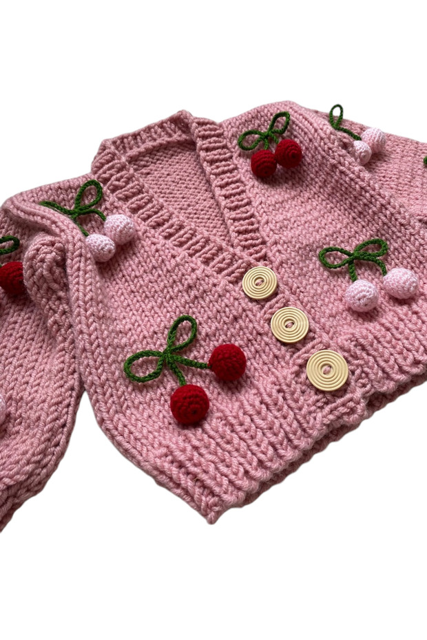 Hand Knitted Cherry Patterned Baby Girl Cardigan