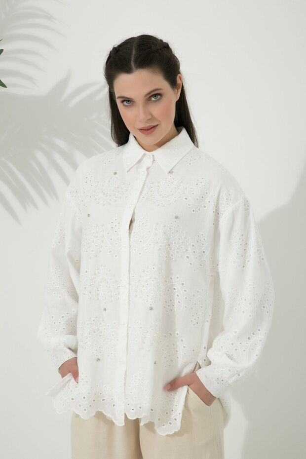 Women's Fashion Pearl Detailed Guipure Shirt