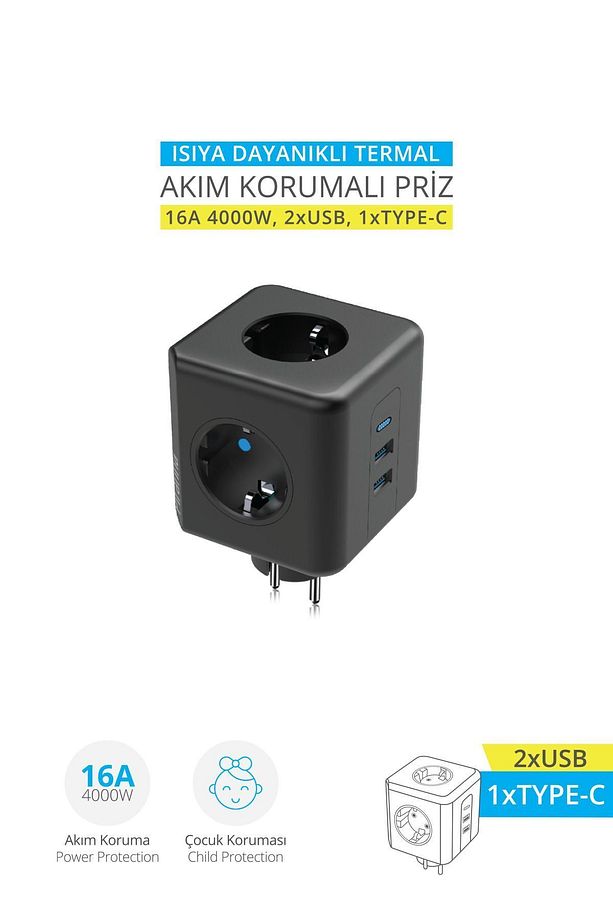 45510 Akım Korumalı 3'lü Priz / 2 X USB - 1 X Type-C Girişli / Isıya Dayanıklı / Çocuk Koruması - 2