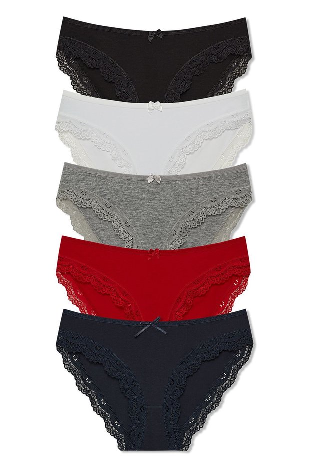 5-Piece Women's Panties with Cotton Legs and Lace Detail