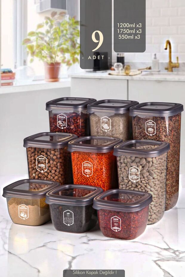 Set of 9 Square Square Food Storage Container with Label X3(550ML-1200ML-1750ML) Jar with Hard Lid - 1