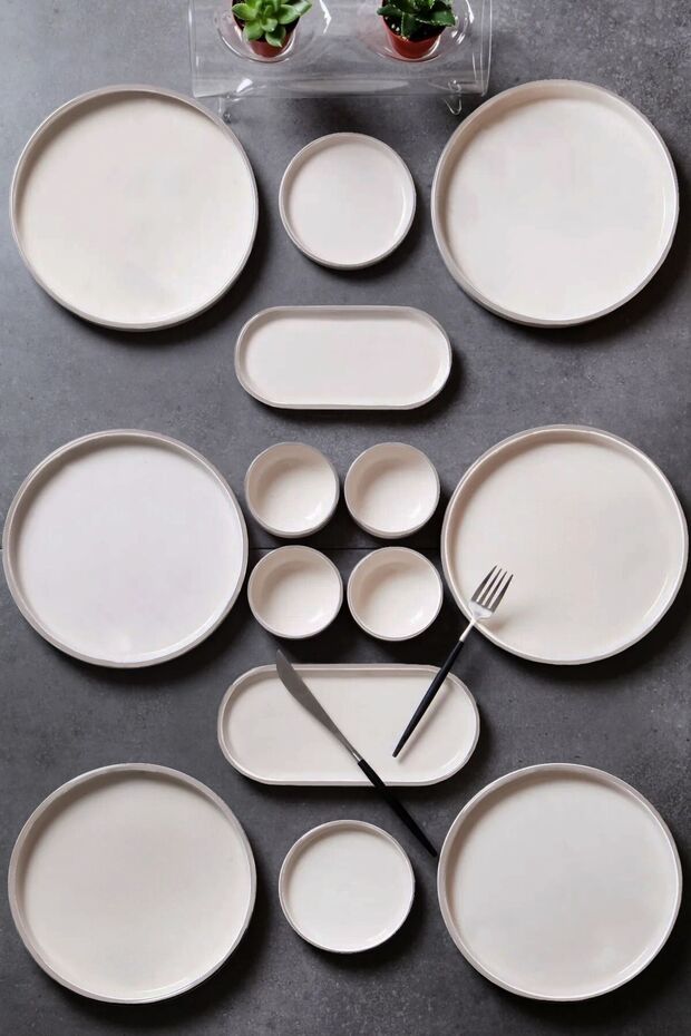 14 Piece 6 Seater Cream Colored Stackable Breakfast Set - Breakfast - 1