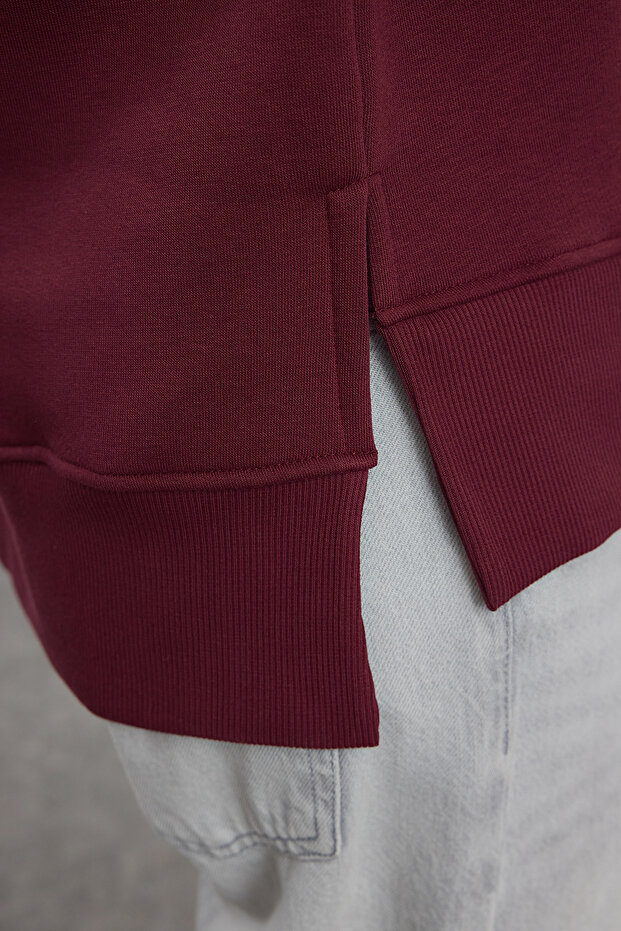 Bordo Kalın İçi Polarlı Bisiklet Yaka Regular/Normal Kalıp Basic Örme Sweatshirt TWOAW25SW00169 - 5