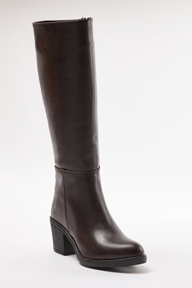 Ciemnobrązowe, zapinane na zamek, okrągłe, damskie buty na obcasie blokowym TAKAW25CZ00004 - 6