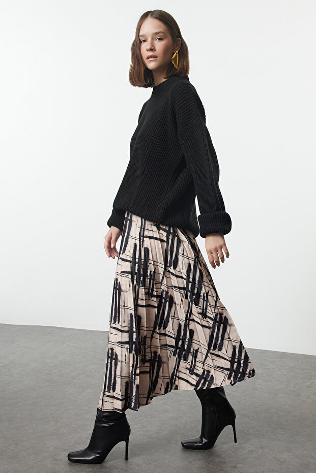 Spódnica midi z satyny plisowanej - wielokolorowa i wzorzysta, tkana, TWOAW25ET00043 - 2