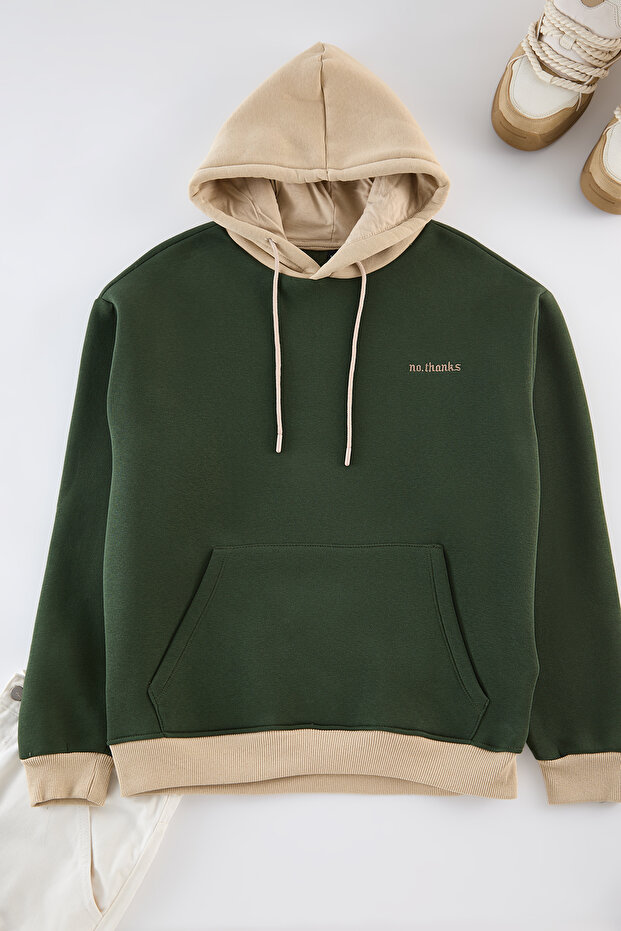 Haki Oversize/Geniş Kesim Kapüşonlu İçi Polarlı Renk Bloklu Nakışlı Sweatshirt TMNAW25SW00067 - 6