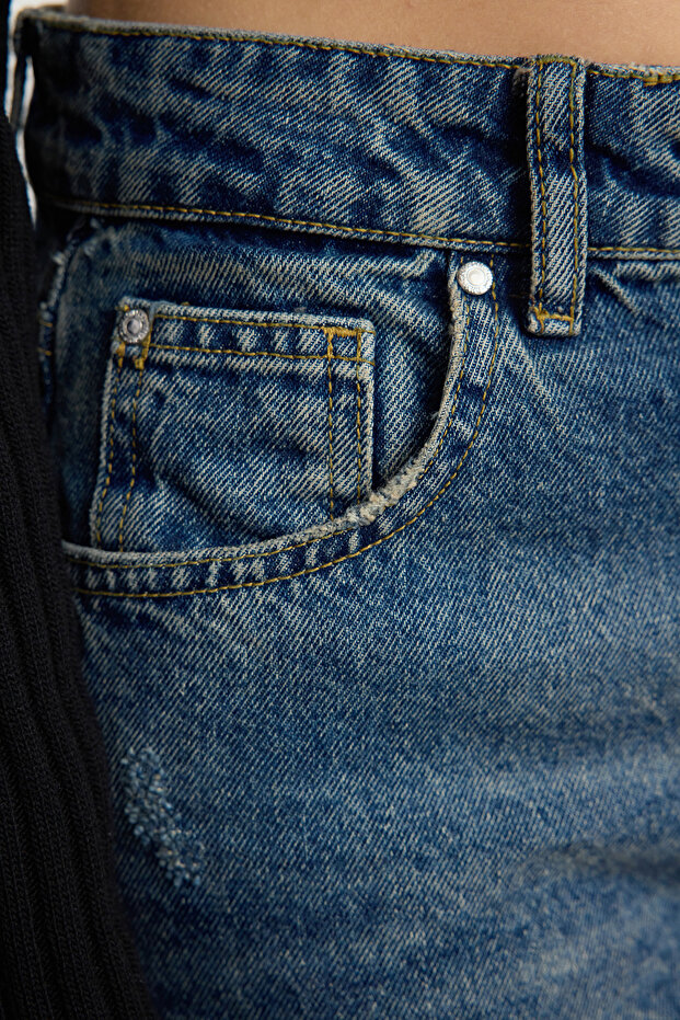 Koyu Mavi Yırtıklı Normal Bel Wide Leg Geniş Paça %100 Pamuk Non-Stretch Jeans TWOAW25JE00203 - 4