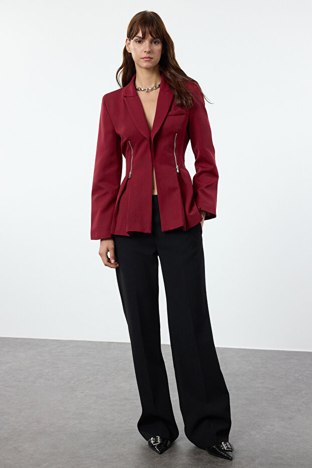 Bordo Fermuar Detaylı Dokuma Blazer Ceket TWOAW25BC00010 - 3