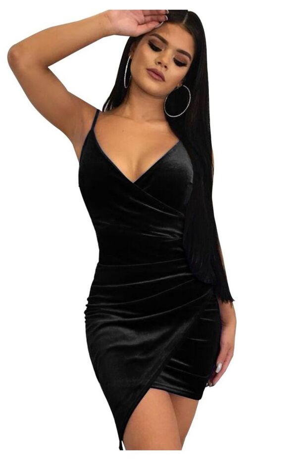 Asymmetrical Cut Ribbon Ksdife Black Mini Strap Dress