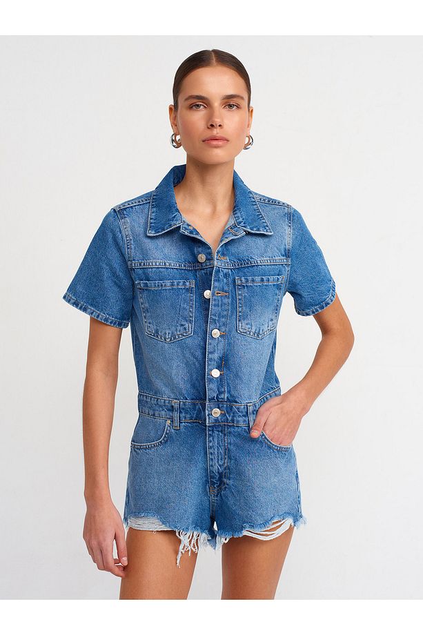 71323 Lazerli Kısa Denim Tulum-Mavi - 4
