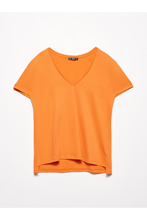 3470 V Yaka Basic T-shirt-oranj - 1