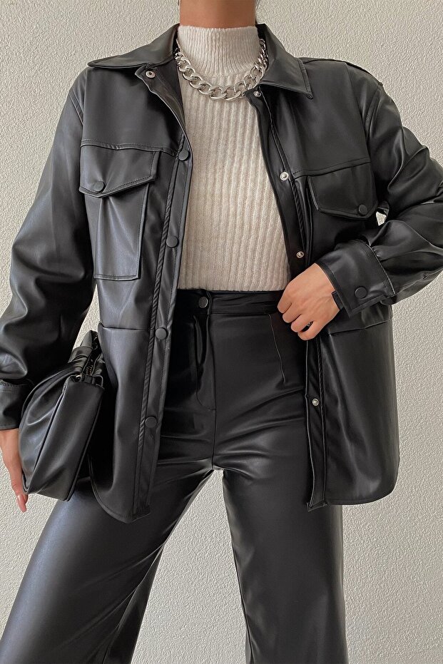 Kožená bunda s dvojitým zapínaním do vrecka, čierna - 4