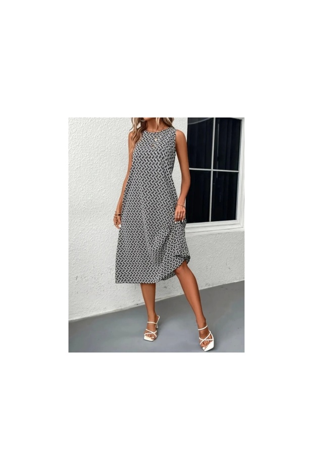 Patterned Crew Neck Midi Sandy Women's Dress - Zero Sleeve