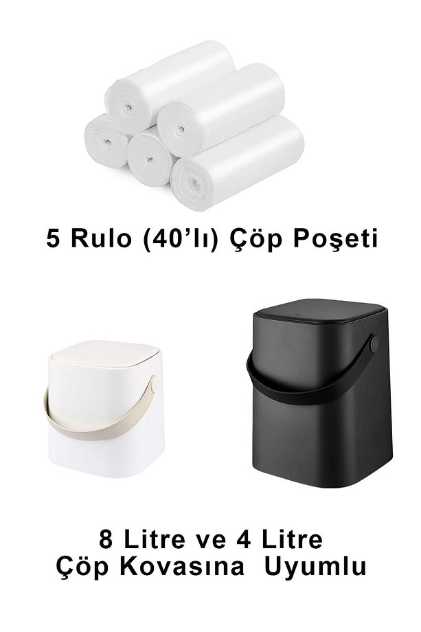 5  Adet 40'lı Çöp Poşeti 8 ve 4 Litre Çöp Kovasına Uyumlu - Mini Boy 5 Adet Rulo 40'lı - 1