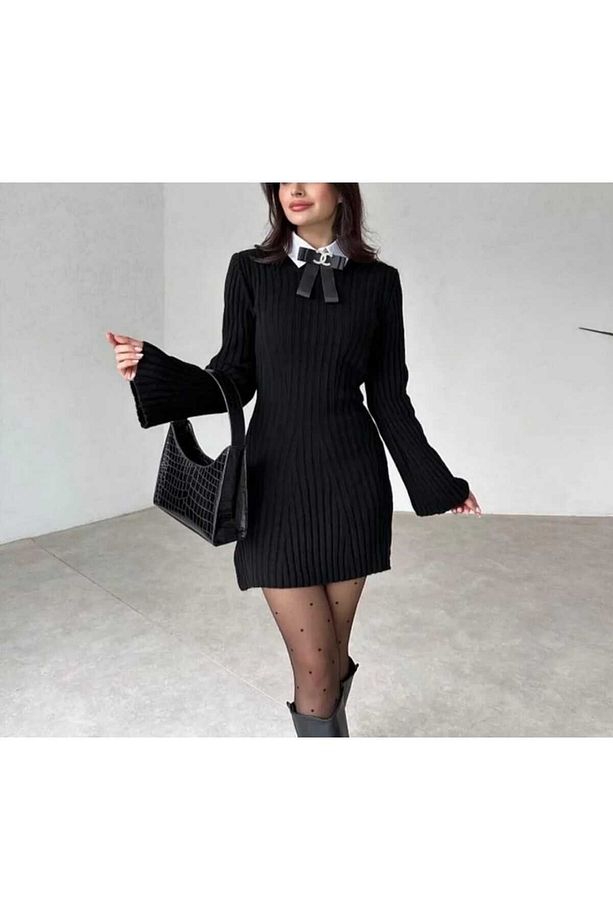 Kadın Mini Fitilli Kışlık Triko Elbise - 2