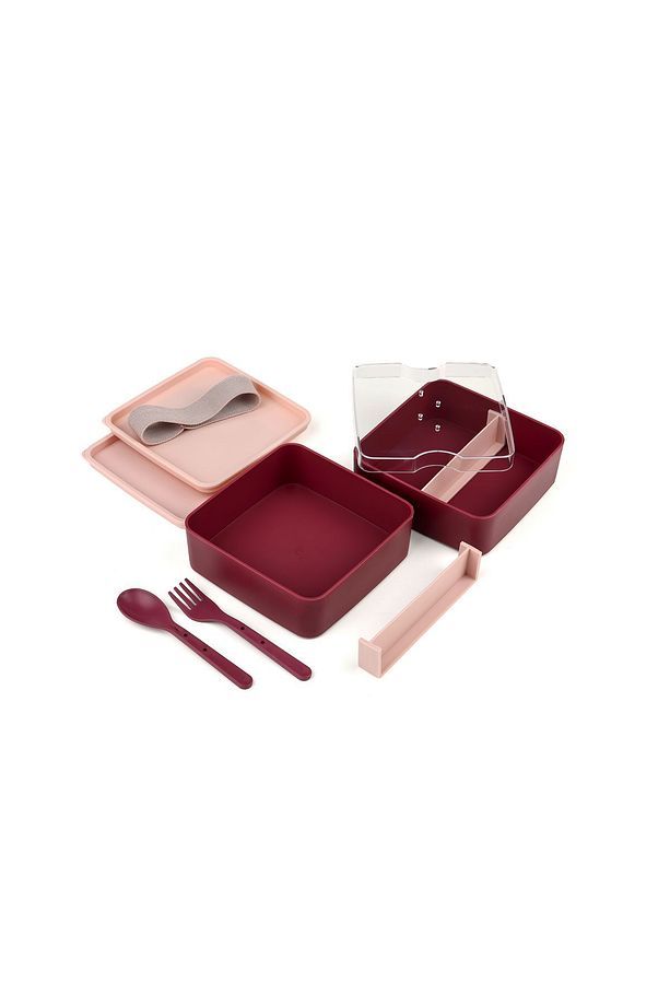 Double Kare İki Katlı Lunch Box Beslenme Saklama Kutusu - Bordo - 3