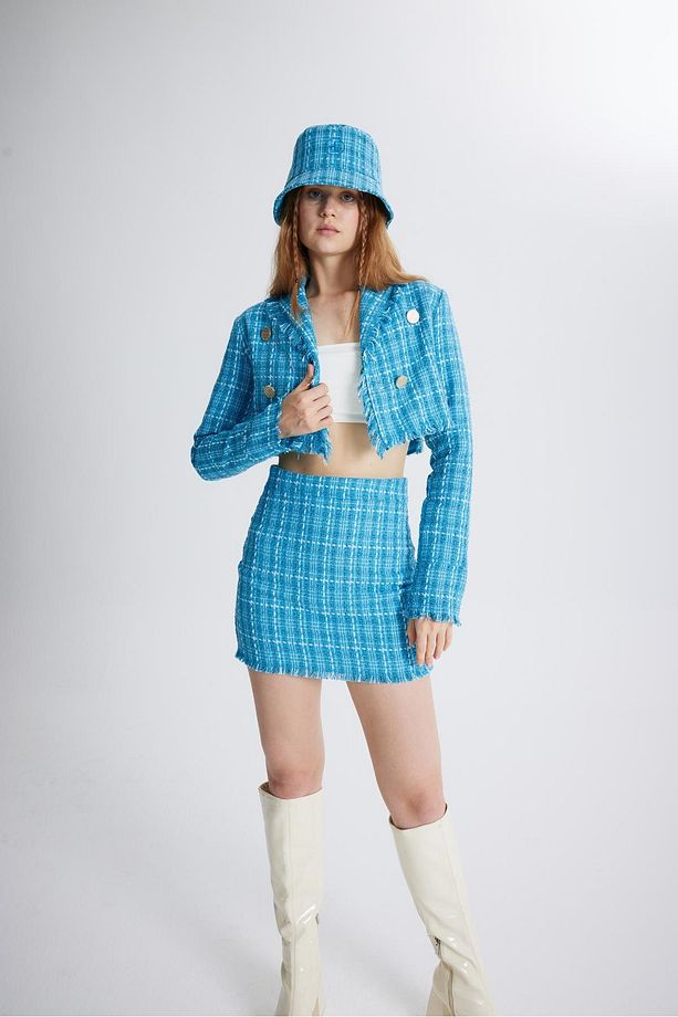 Tüvit Kumaş Logolu Bucket Tweed Şapka Mavi - 5