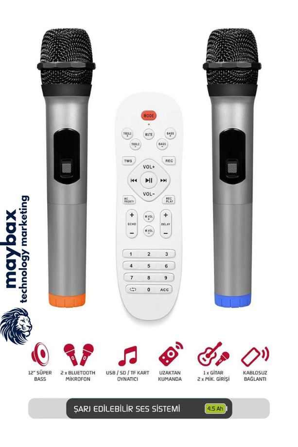 Şarjlı Kablosuz  Çift Mikrofonlu Hoparlör Karaoke Sistemi Taşınabilir Amfi Büyük Bluetooth Hoparlör - 4