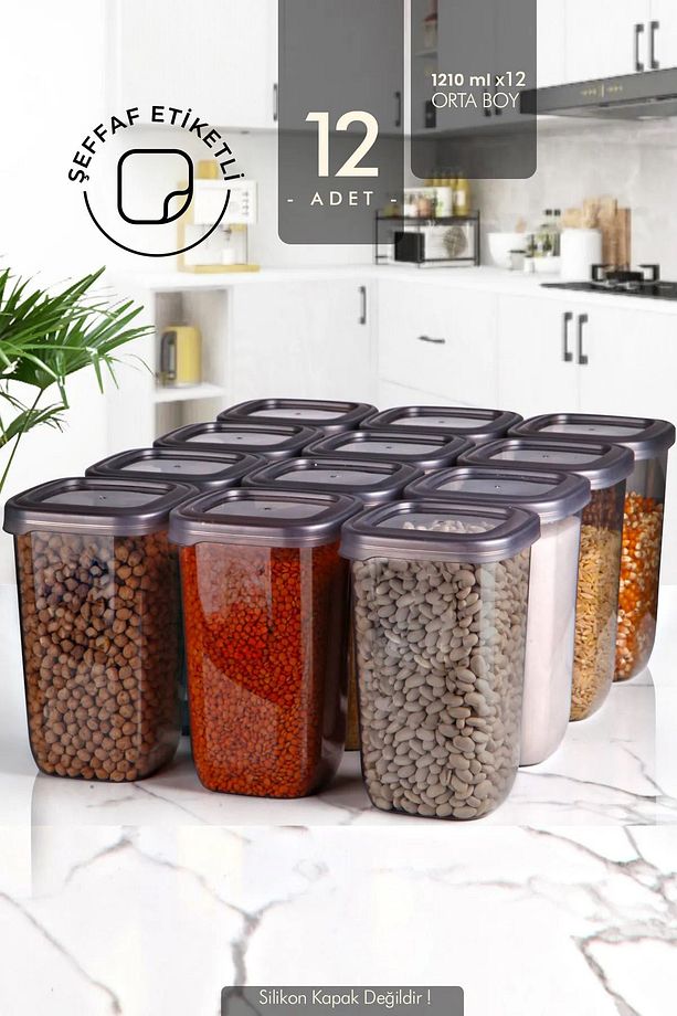 12'li Etiketli Square Kare Erzak Saklama Kabı Seti 1210 ml - Sert Kapaklı Düzenleyici Kavanoz - 3