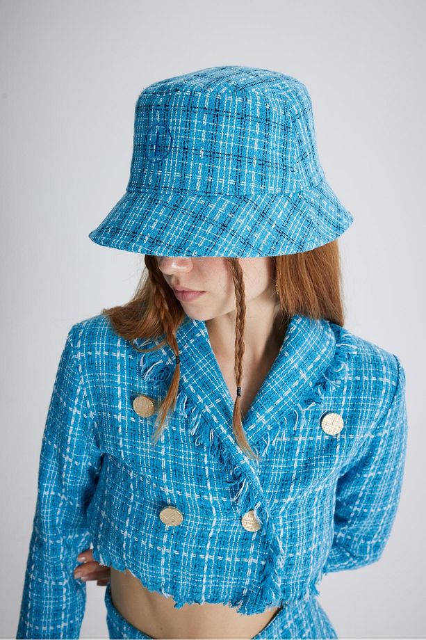 Tüvit Kumaş Logolu Bucket Tweed Şapka Mavi - 2