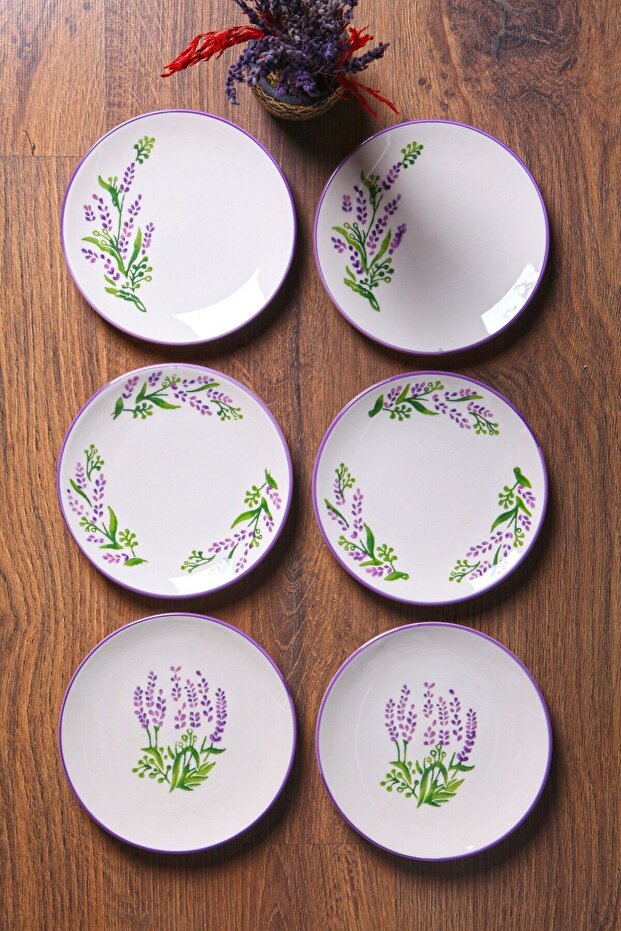 طقم من 6 أطباق كيك وحلويات Lavender، بتصميم خاص مصنوع يدوياً، قابلة للتكديس، مقاس 16 سم