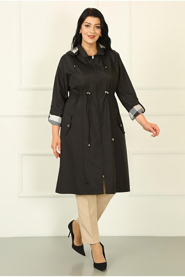 Women's Black Long Plaid Detail Large Size Trench Coat