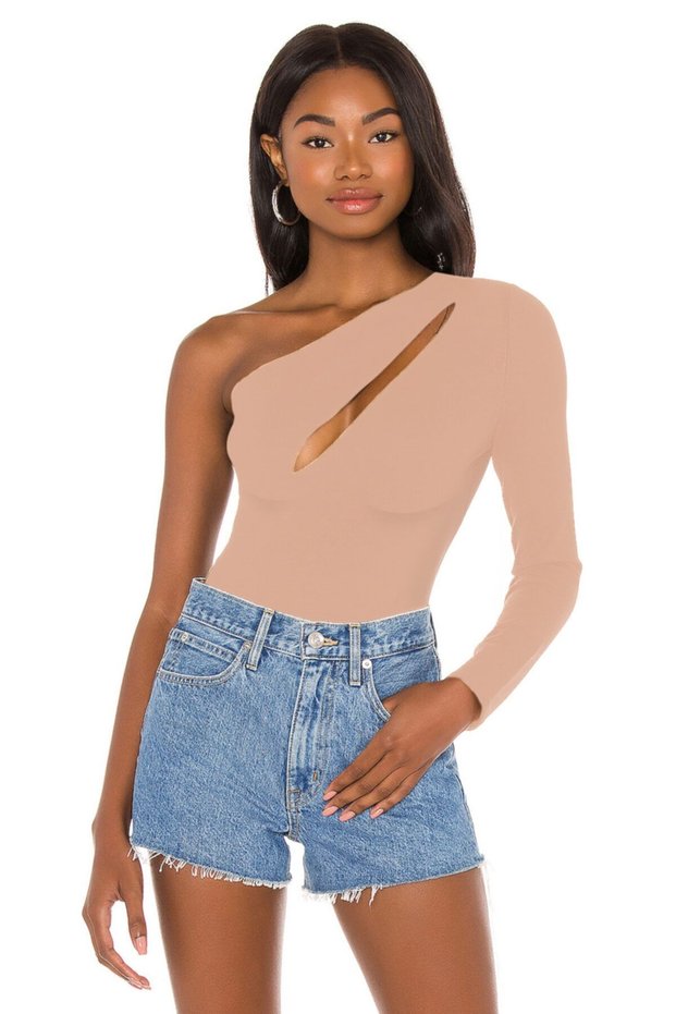 Women's Beige Asymmetrical Cut Silk Jersey Bodysuit