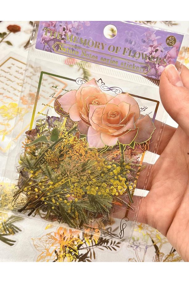Nature Notes Series The Memory Of Flowers 40 Adet Altın Yaldızlı Şeffaf Pet Sticker /su Geçirmez - 7