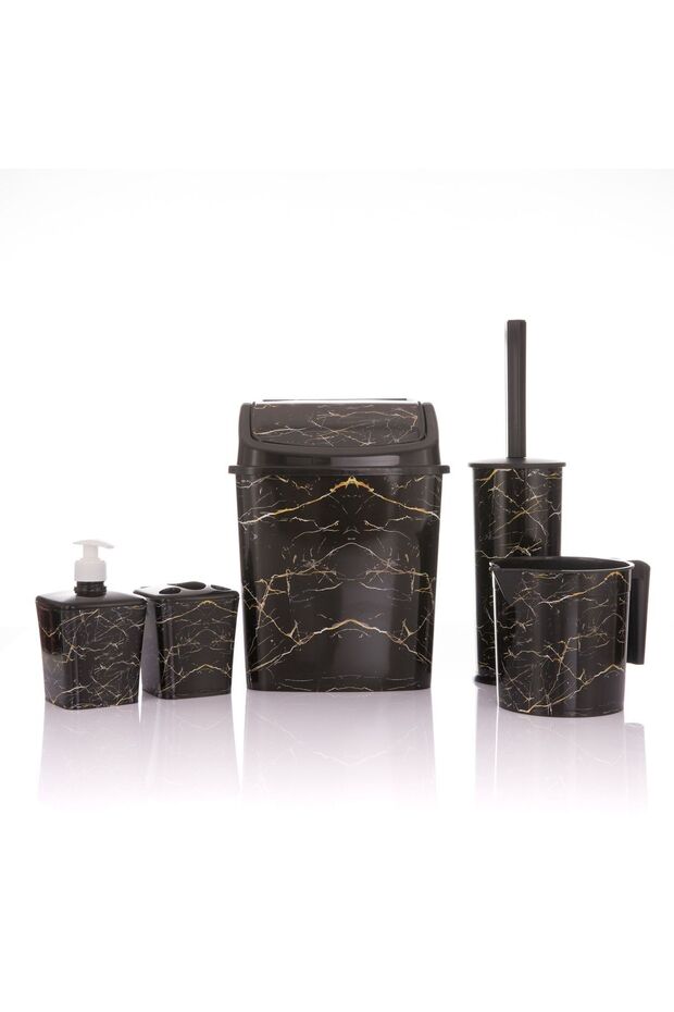 Bathroom Set 5-Piece Trash Can WC Toilet Brush Mug Soap Dish Brush Holder 5-Piece Black Marble Patterned