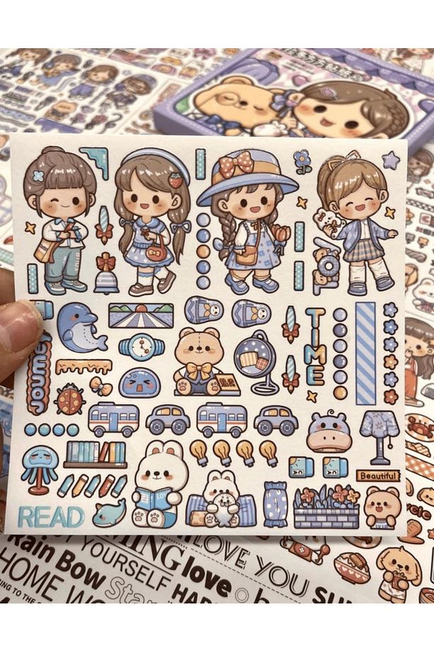 Sevimli Kız Ve Ayı Mor Kutu 12 Yaprak Sticker 4 Yaprak Desenli Kağıt / Çıkartma / Bullet Journal - 6
