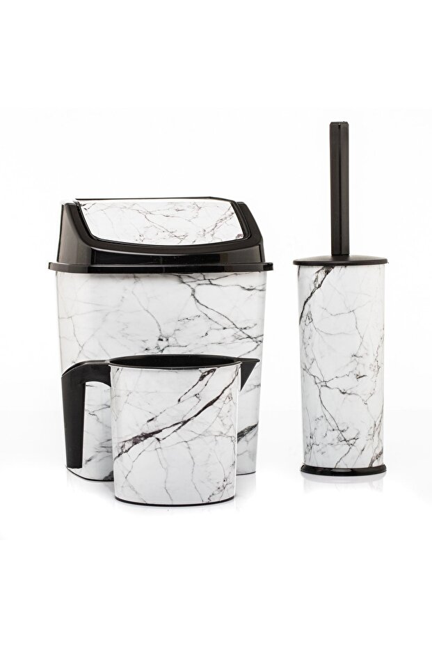 Bathroom Set Trash Can WC Toilet Brush Mug Set of 3 White Marble Patterned Odorless Bathroom Set