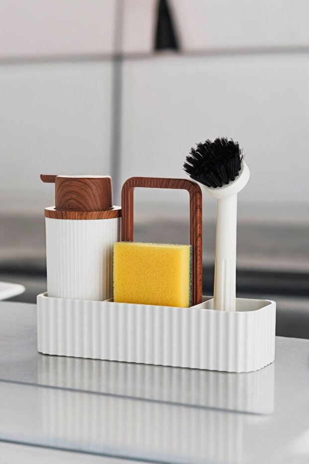 Oval Bowl Liquid Soap Dispenser Sponge Holder Dish Brush Set