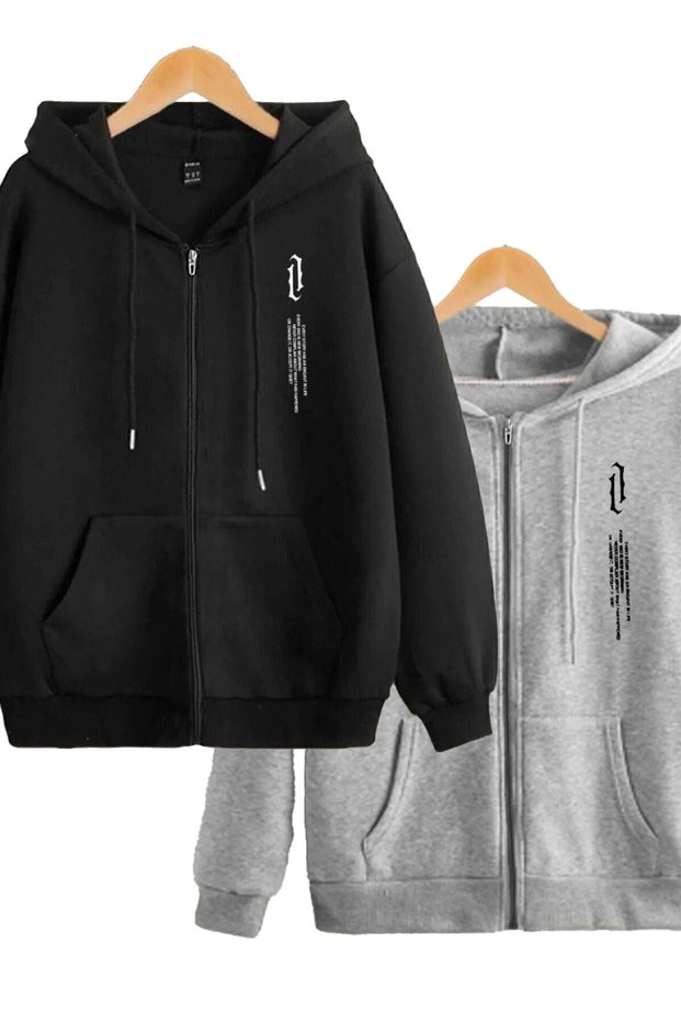 2-Pack Vertical Design Thick Cardigan - Black Gray Printed Winter Oversize Hooded Zipper Pocket Cardigan