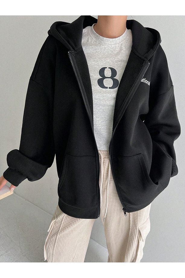 Recreational Kalın Hırka - Siyah Baskılı Kışlık Oversize Kapüşonlu Fermuarlı Cepli Hırka - 3