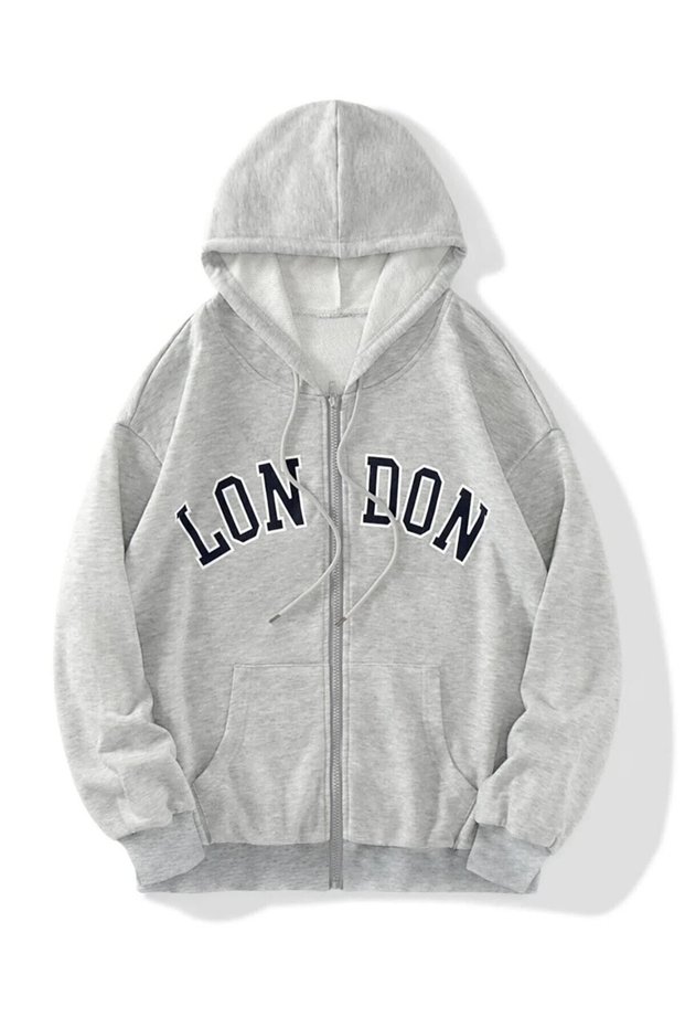 London Thick Cardigan - Gray Printed Winter Oversize Hooded Zipper Cardigan with Pockets
