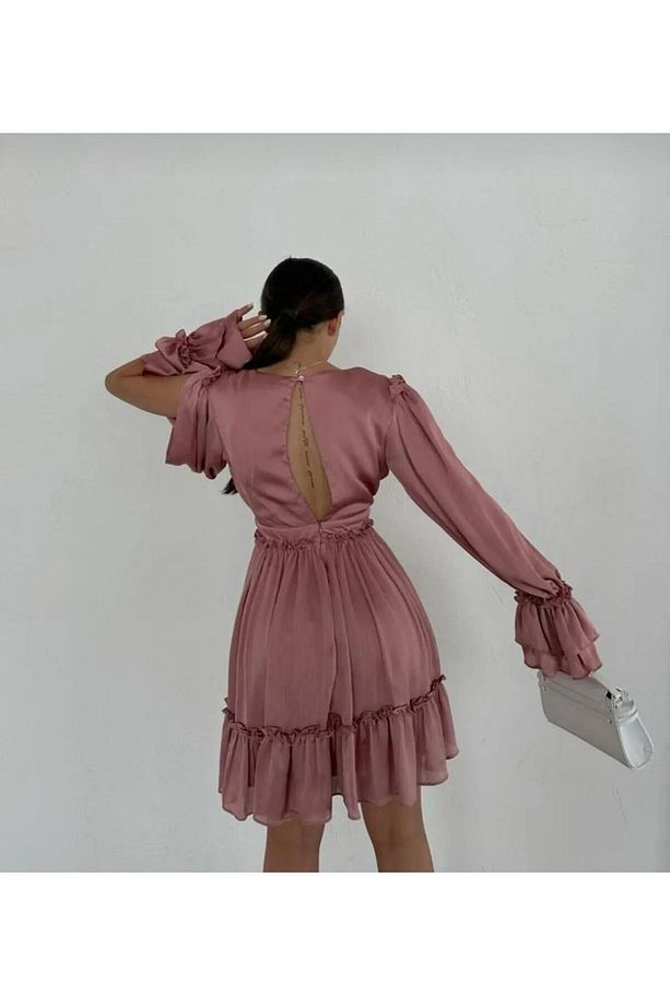 Kol Detaylı Mini Lila Elbise - 2