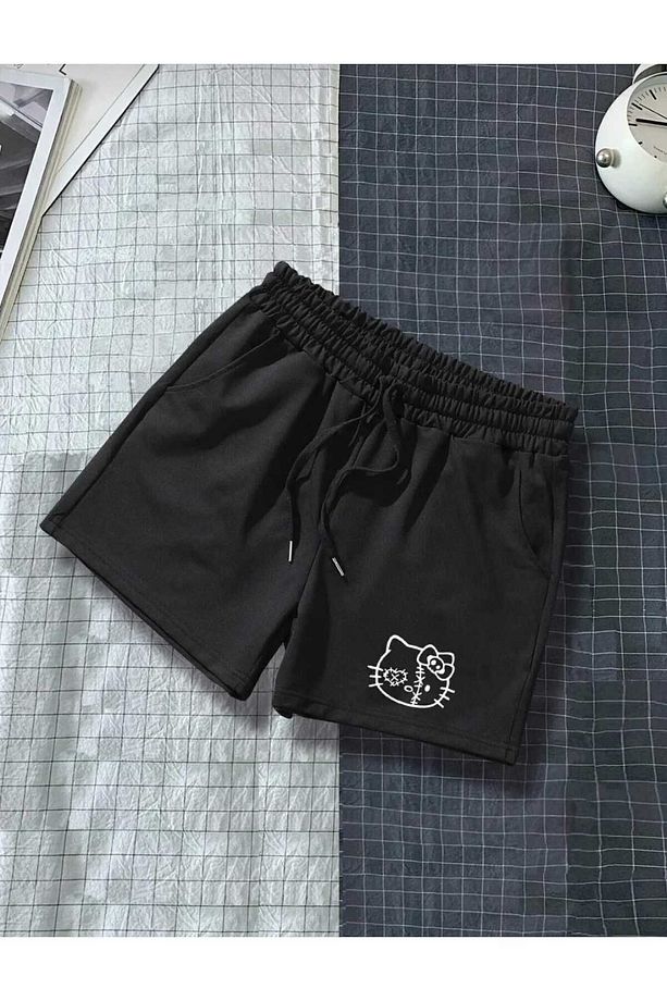 Hello Kitty Baskılı Siyah Kadın Regular fit Şort - 4