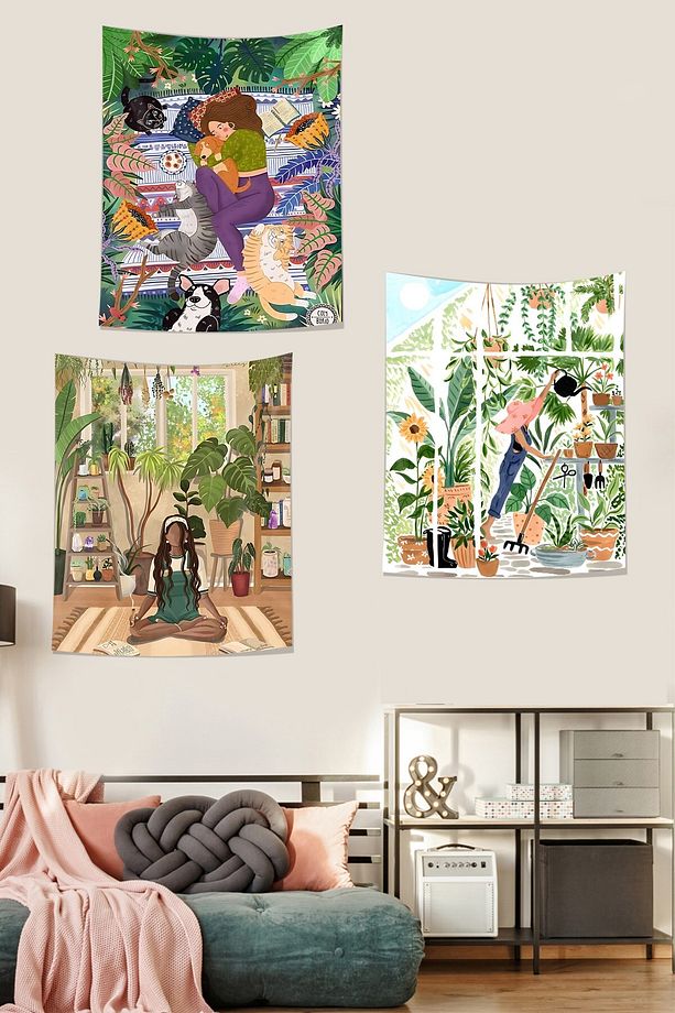 Bohem Yoga Hayvansever Kız Yeşil Yapraklı Leke Tutmaz  Duvar Örtüsü Duvar Halısı Tapestry 3'lü Set - 1