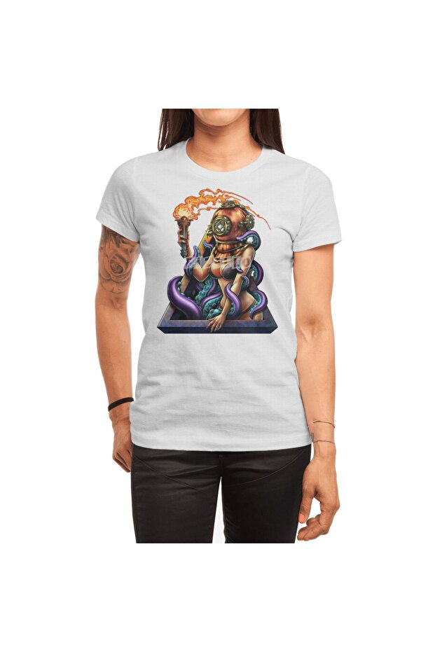 Vintage Scuba Diver Girl and Octopus Patterned Unisex White T-Shirt
