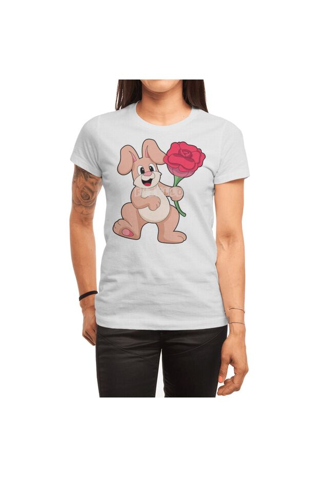 Unisex White T-Shirt for Men and Women - Rabbit with Red Rose Patterned
