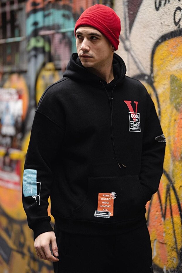 V Cool Baskılı Siyah Kapüşonlu Oversize Sweatshirt - 2