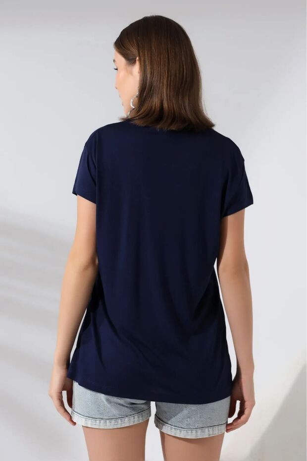 %100 Pamuk Süper Kalite Koyu Lacivert V Yaka Kadın Basic Tişört Örme Pamuk Penye T-shirt - 4
