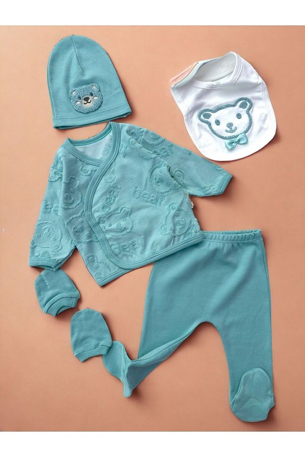 Kız ve Erkek Bebek Hastane Çıkışı Organik Kumaş 100% Pamuk Bear İşlemeli 5'li Set Hediyelik - 1