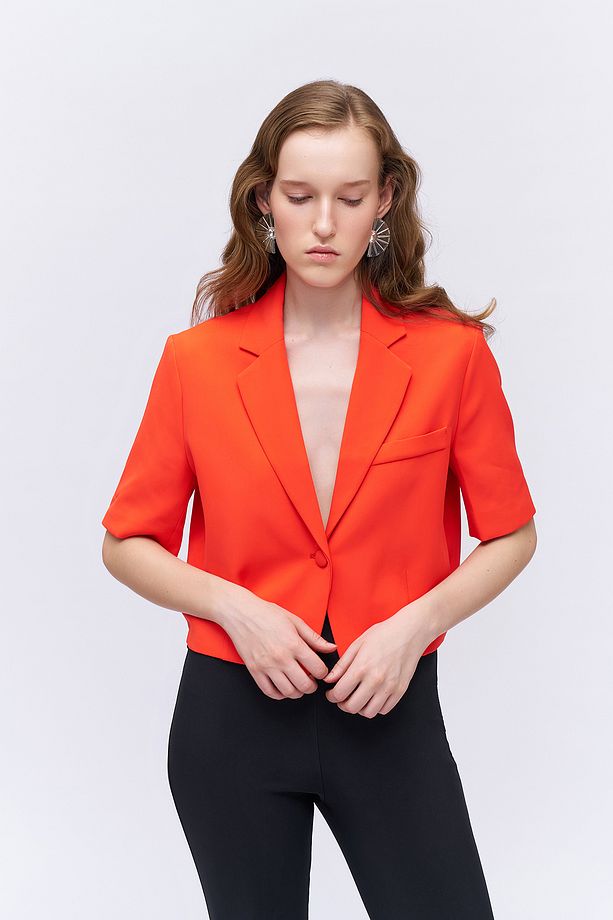 Kısa Kol Crop Blazer Ceket Turuncu - 3