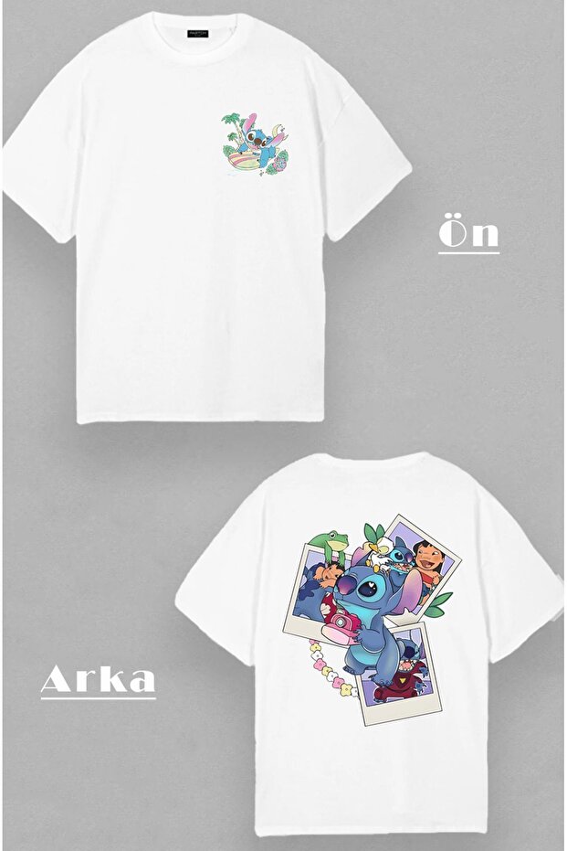 Lilo and Stitch Surf and Photo Front Back Printed Oversize Unisex White T-Shirt