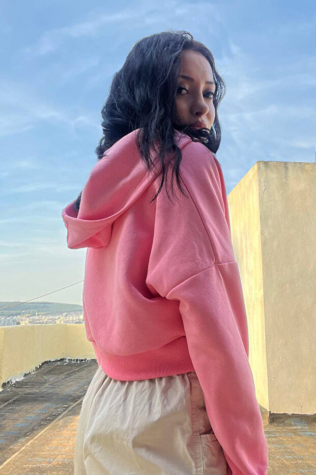 Kadın Kapüşonlu V Yaka Basic Crop Örme Sweatshirt - 3